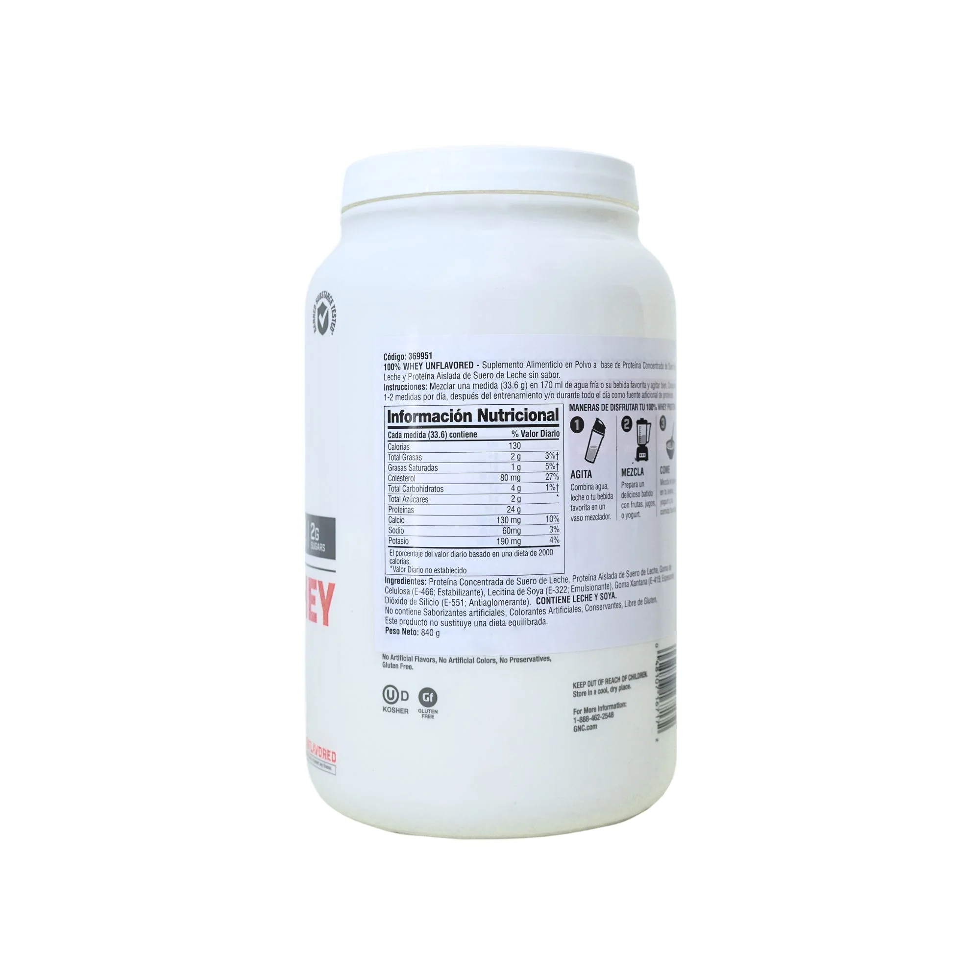 Proteína Gnc Pro 100% Whey Protein Unflavored X 840G - Image 2