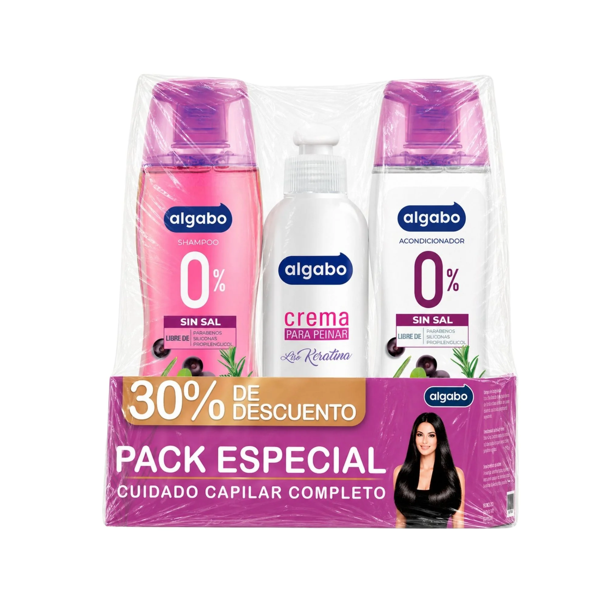 Pack Crema Peinar+Shampoo+Acondicionador Algabo Acai Y Romero