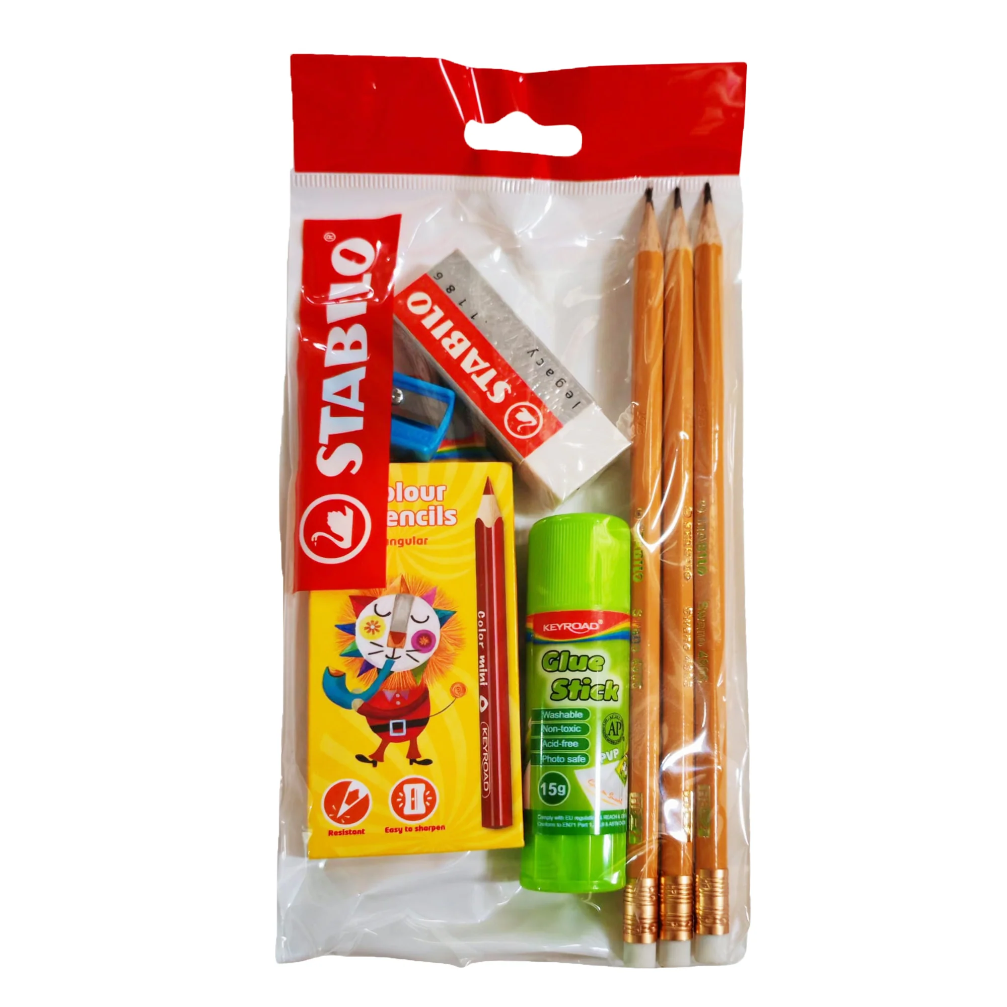 Lápiz De Grafito Stabilo Swano + Pegamento + Colores + Borrador +Tajador X 3 Unidades