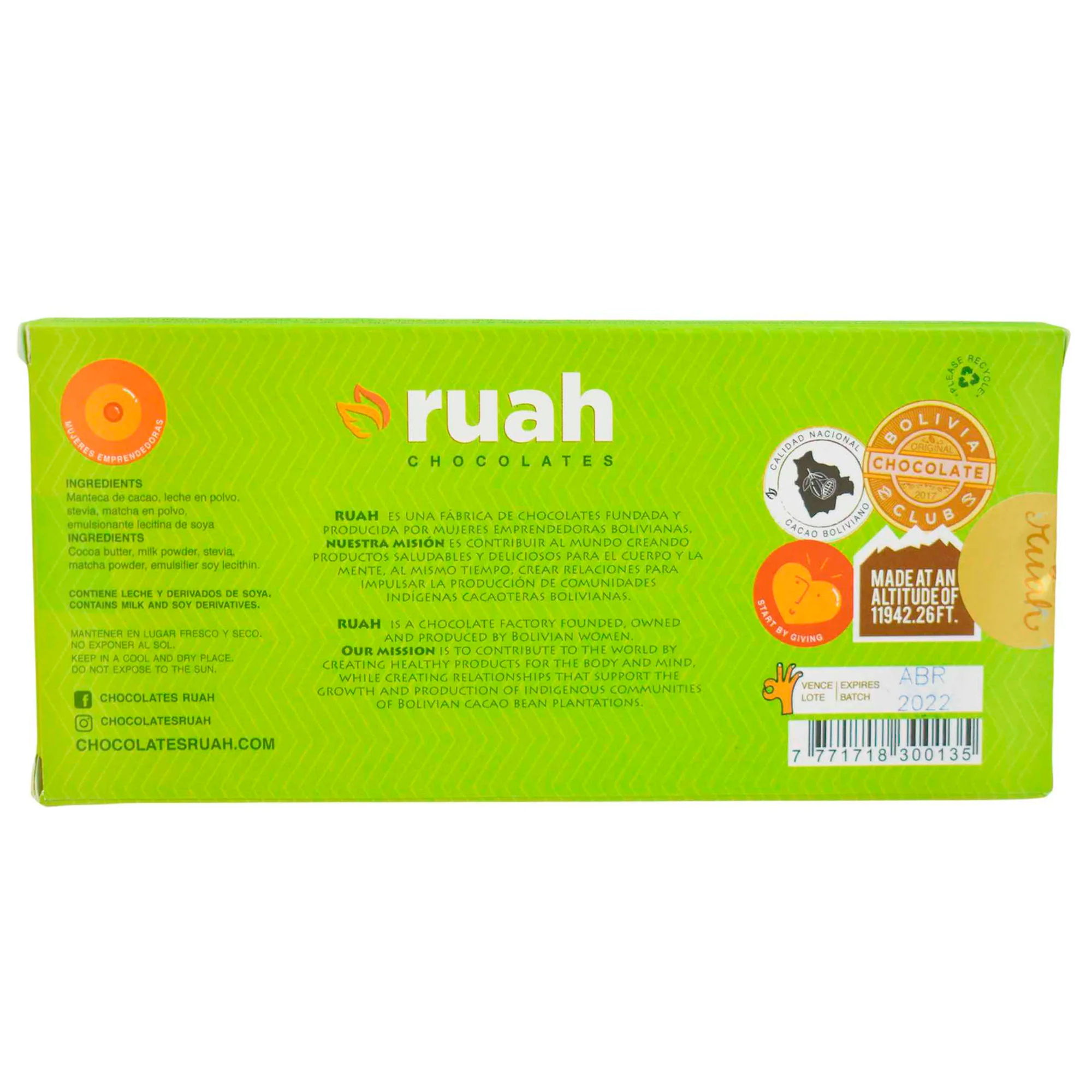 Ruah Chocolate Blanco Barra Con Matcha Y Stevia X 58G - Image 2